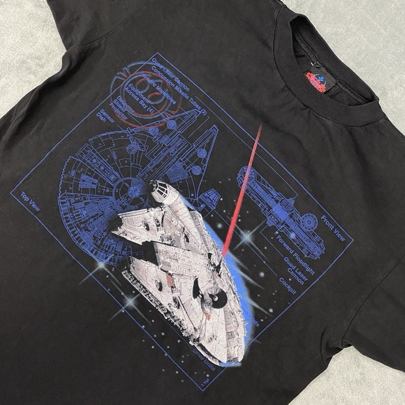 Vintage Star Wars Shirt Mens Size L Black‎ Millennium Falcon Blue Print 1997